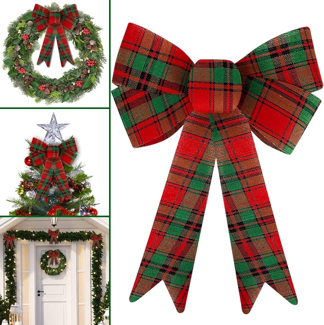 6 Pack Christmas Bows Outdoor Decorations, 12.5'' x 9'' Large Christmas Buffalo Plaid Bows for Wreath Garland Christmas Tree Topper Ornaments Outside Indoor Christmas Decor Home Party (Red Green)